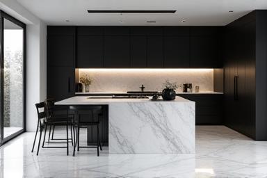 Monochrome open kitchen with marble island