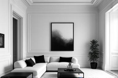 Black and white living room with modern sofa and art