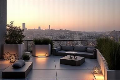 Penthouse terrace styled in grayscale tones