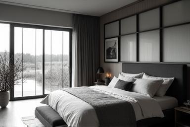 Master bedroom with minimalist monochrome palette